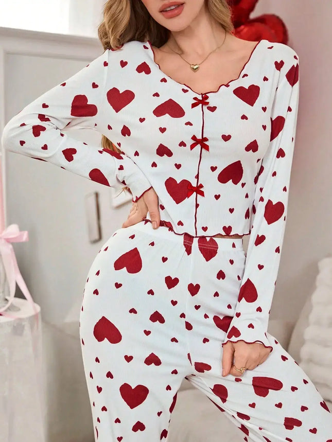 Autumn Winter Heart Print 2 Piece Pajama Set heart pattern detail