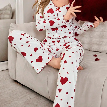 Autumn Winter Heart Print 2 Piece Pajama Set long sleeve top