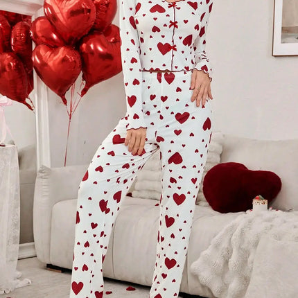 Autumn Winter Heart Print 2 Piece Pajama Set matching pants
