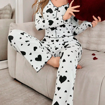 Autumn Winter Heart Print 2 Piece Pajama Set cozy homewear style