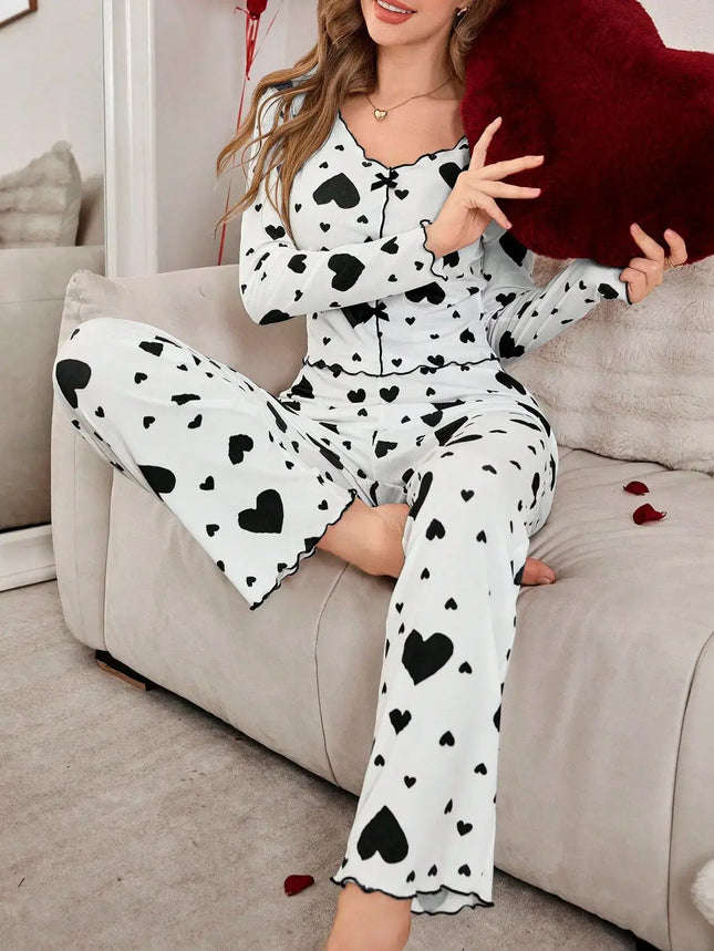 Autumn Winter Heart Print 2 Piece Pajama Set cozy homewear style