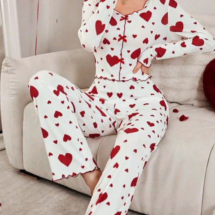 Autumn Winter Heart Print 2 Piece Pajama Set cute sleepwear outfit