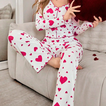 Autumn Winter Heart Print 2 Piece Pajama Set autumn nightwear