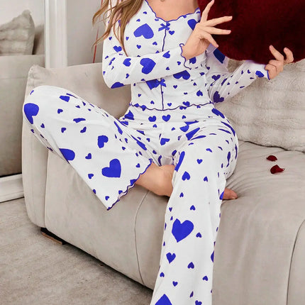 Autumn Winter Heart Print 2 Piece Pajama Set winter pajama style