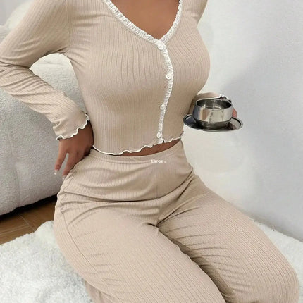 Autumn Winter Lace Homewear Pajama Set Women matching trousers