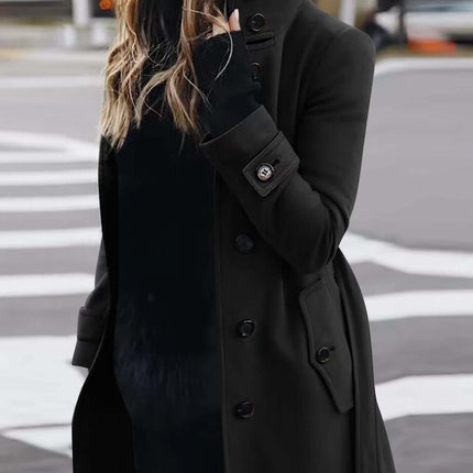 Autumn Winter Woolen Coat Slim Fit Stand Collar Jacket modeled by a woman in a chic outfit on city street.