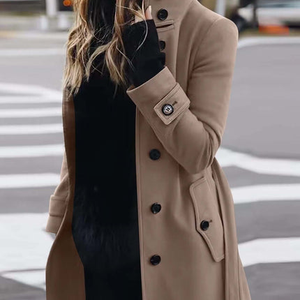 Autumn Winter Woolen Coat Slim Fit Stand Collar Jacket worn by a woman outdoors, showcasing a stylish and chic look.