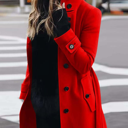 Autumn Winter Woolen Coat Slim Fit Stand Collar Jacket worn by a woman in a red coat with sunglasses.