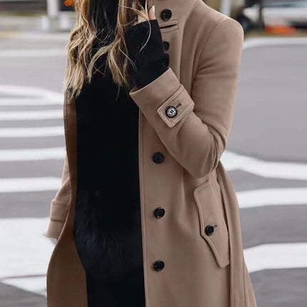 Autumn Winter Woolen Coat Slim Fit Stand Collar Jacket worn by a woman on the street.
