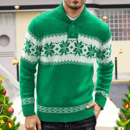 Men’s Christmas Jacquard Knit Pullover Sweater in green with festive snowflake pattern and button collar.