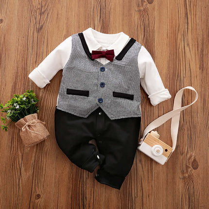 Baby Gentleman Jumpsuit gray grid pattern.