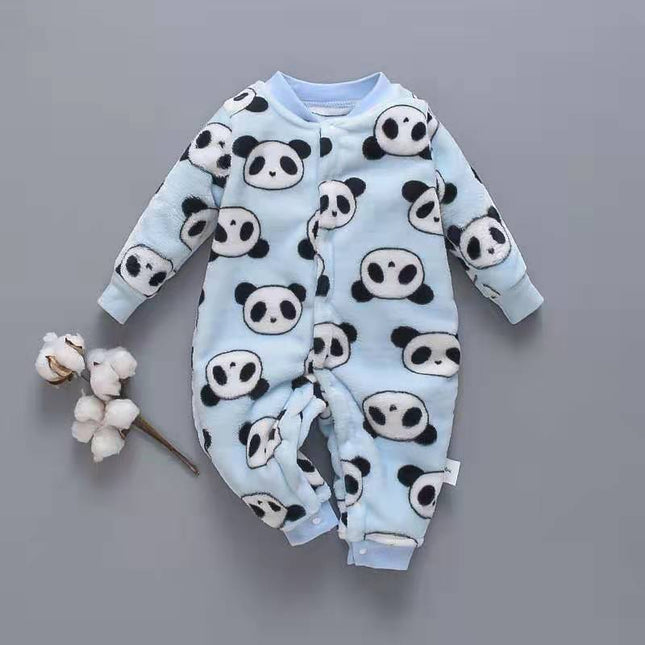 Baby Long Sleeve Romper in soft blue flannel with panda print, ideal for cozy winter wear.