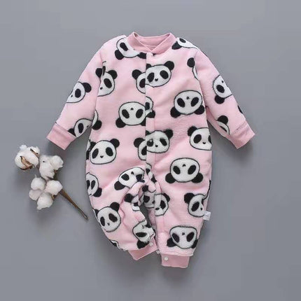 Baby Long Sleeve Romper featuring a cute panda print in soft pink flannel cotton for cozy comfort.