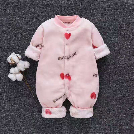 Baby Long Sleeve Romper in pink flannel with heart patterns, cozy onesie suit for warmth and comfort.
