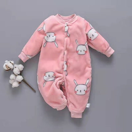 Baby Long Sleeve Romper in pink with bunny print, cozy flannel onesie for chilly days.