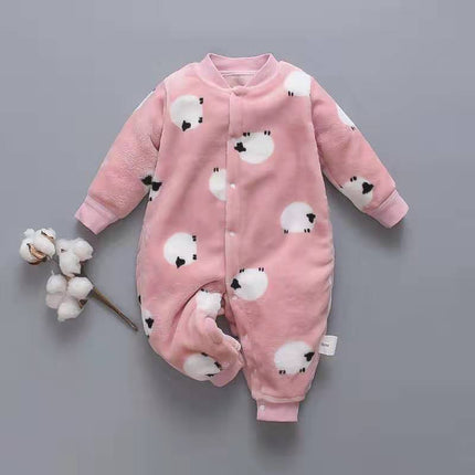 Baby Long Sleeve Romper in pink flannel with sheep pattern, cozy cotton onesie for chilly weather.