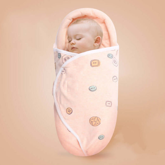 Baby Pure Cotton Summer Cartoon Sleeping Bag Swaddle showcasing a baby peacefully sleeping in a soft, cartoon-patterned swaddle.