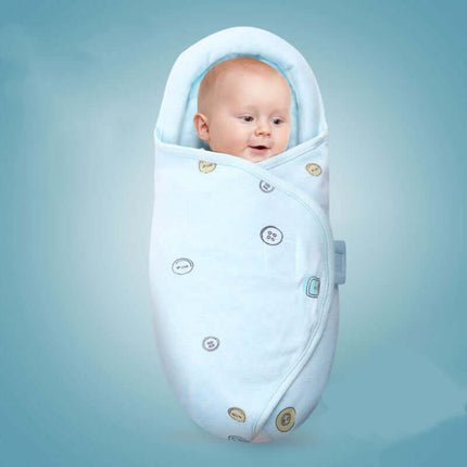 Baby Pure Cotton Summer Cartoon Sleeping Bag Swaddle with a baby smiling in a light blue design.