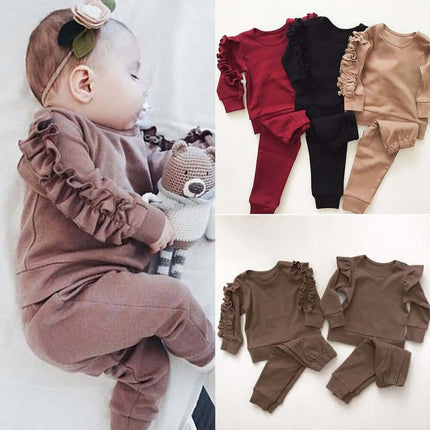 Baby Ruffles Jumper Solid Outfit cotton two piece set.