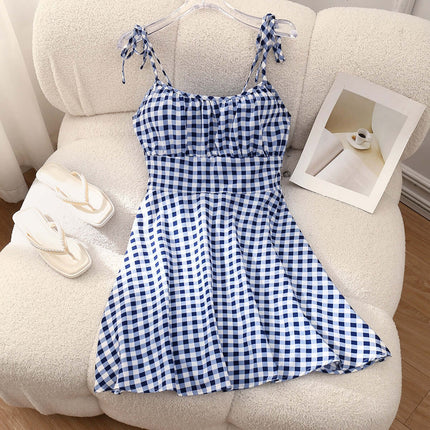 Floral Print Summer Sweet A Line Mini Dress displayed on a chair with sandals and a decorative item.