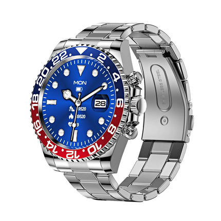 Luxury Green Water Ghost Smartwatch for Men - Blue stainless steel design with bezel and date display.