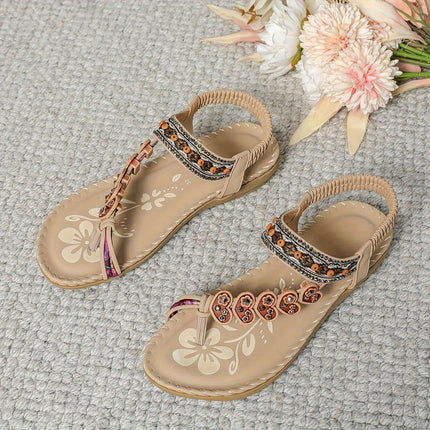 Bohemian Thong Sandals Summer Fashion Flowers Beach Shoes displayed with floral arrangement.