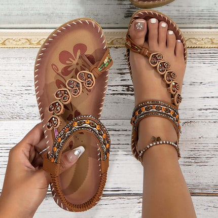 Bohemian Thong Sandals Summer Fashion Flowers Beach Shoes displayed on feet with unique floral design and summer vibe.