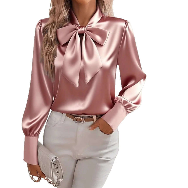 Bow-tie Blouse Fashion Commuting Long-sleeved Top khaki temperament commute style