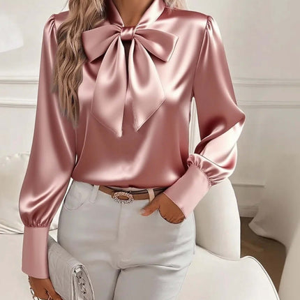 Bow-tie Blouse Fashion Commuting Long-sleeved Top high quality polyester fiber texture