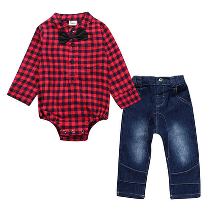 Boy Gentleman Plaid One Piece Suit Pants Set with bow tie shirt and denim pants.