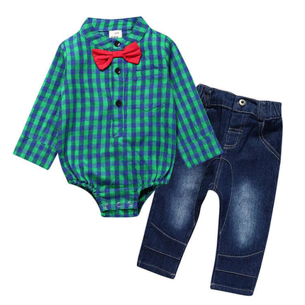 Boy Gentleman Plaid One Piece Suit Pants Set featuring a green plaid shirt with red bow tie and blue pants.