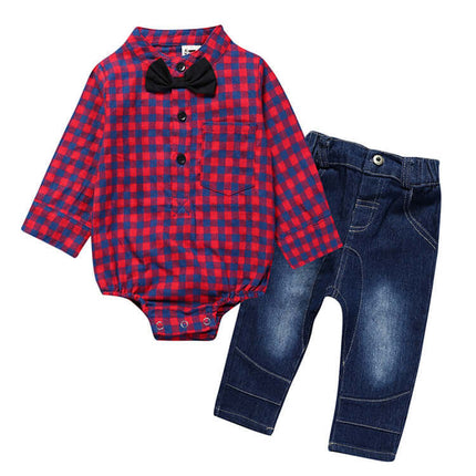 Boy Gentleman Plaid One Piece Suit Pants Set featuring a red checkered shirt with bow tie and denim pants