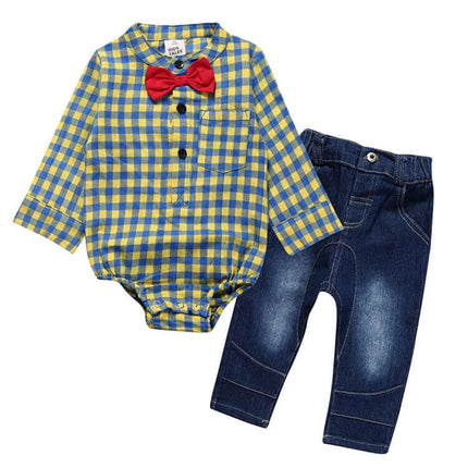 Boy Gentleman Plaid One Piece Suit Pants Set featuring a yellow and blue checked bodysuit with a red bow tie and denim pants.