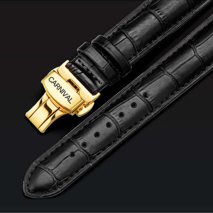 Carnival Full Automatic Mechanical Mens Watch black leather strap with gold clasp detail