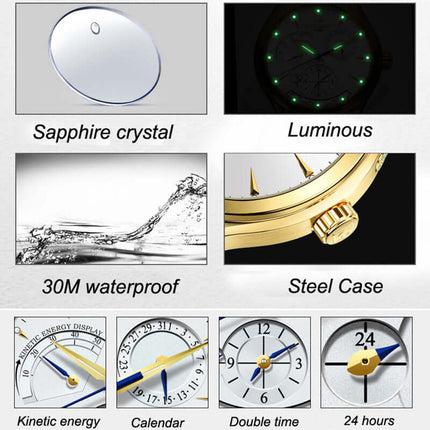 Features of Carnival Full Automatic Mechanical Mens Watch including sapphire crystal, luminous display, 30M waterproof, and steel case.
