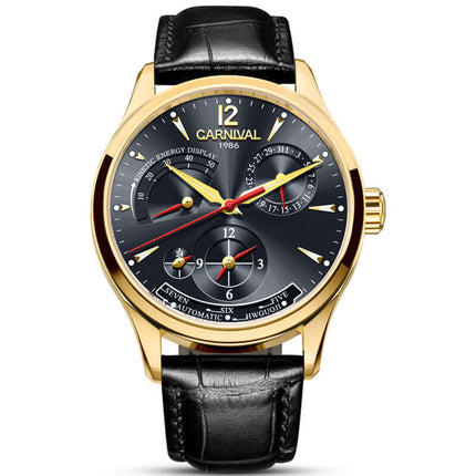 Carnival Full Automatic Mechanical Mens Watch with black leather strap and gold-tone case, displaying intricate clock features.