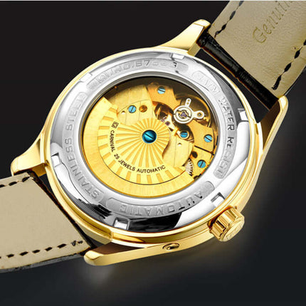 Back view of the Carnival Full Automatic Mechanical Mens Watch showcasing its intricate golden movement and elegant design.