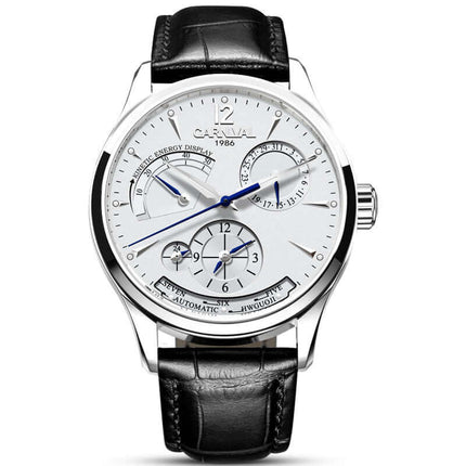 Carnival Full Automatic Mechanical Mens Watch with silver dial and black leather strap, featuring energy display and date function.
