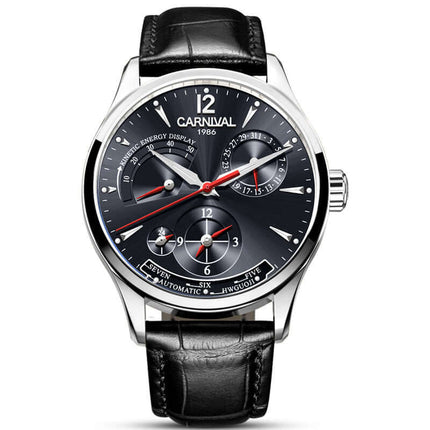Carnival Full Automatic Mechanical Mens Watch with black leather strap and silver stainless steel case.