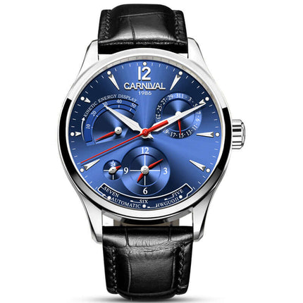 Carnival Full Automatic Mechanical Mens Watch with blue dial and black leather strap.