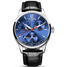 Carnival Full Automatic Mechanical Mens Watch with blue dial and black leather strap.