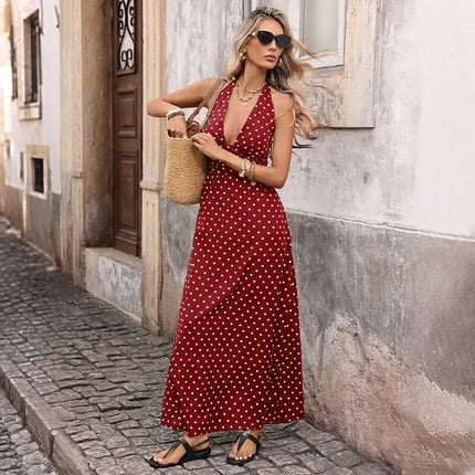 Casual Dot Slim V-neck Long Dress worn by a woman in a stylish street setting, showcasing vintage summer fashion.