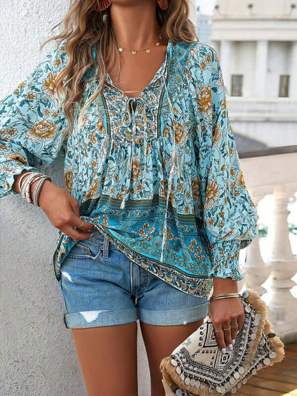 Casual Holiday Print Long Sleeve T Shirt floral pattern detail