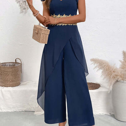 Casual Lace Splicing V Neck Jumpsuit Elegant Leisure front view display