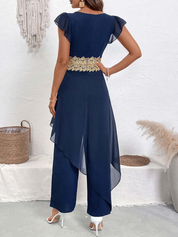 Casual Lace Splicing V Neck Jumpsuit Elegant Leisure intricate lace detail