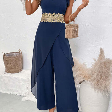Casual Lace Splicing V Neck Jumpsuit Elegant Leisure solid color woven fabric
