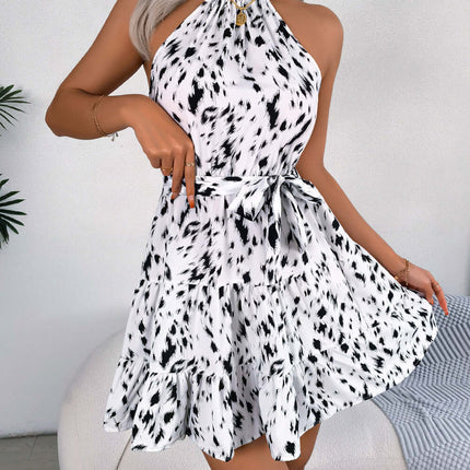 Casual Leopard Print Ruffled Swing Summer Beach Dress size L length 85cm.