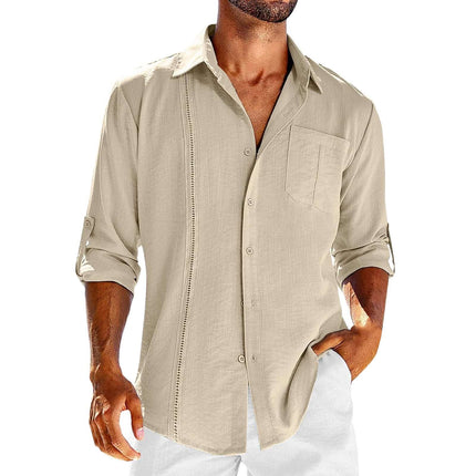Casual Long Sleeve Shirt With Pocket Lace Polo Collar in beige with button-up design and rolled sleeves.