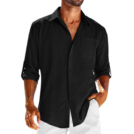 Casual Long Sleeve Shirt With Pocket Lace Polo Collar in black, featuring a button-up design and rolled sleeves.