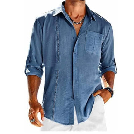 Casual Long Sleeve Shirt With Pocket Lace Polo Collar in blue, worn by a man with a stylish look.